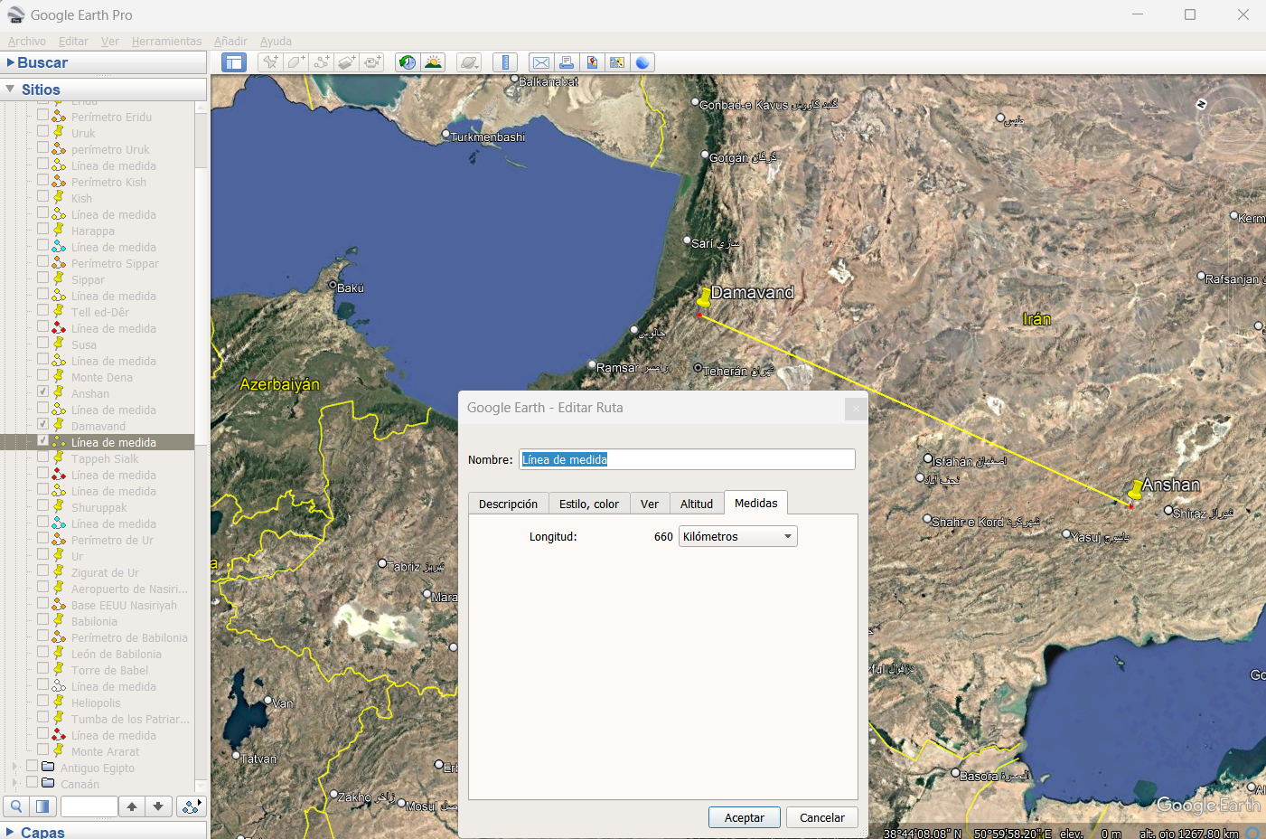 Captura de Google Earth para 660.000 metros