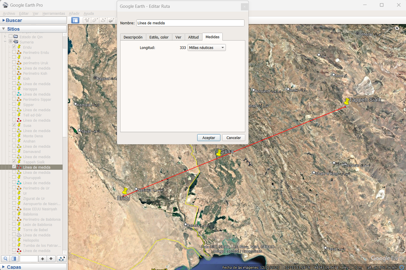 Captura de Google Earth para 333 millas náuticas