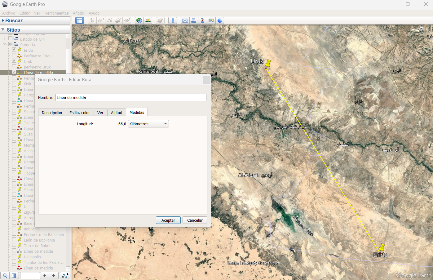 Captura de Google Earth para 66 kilómetros