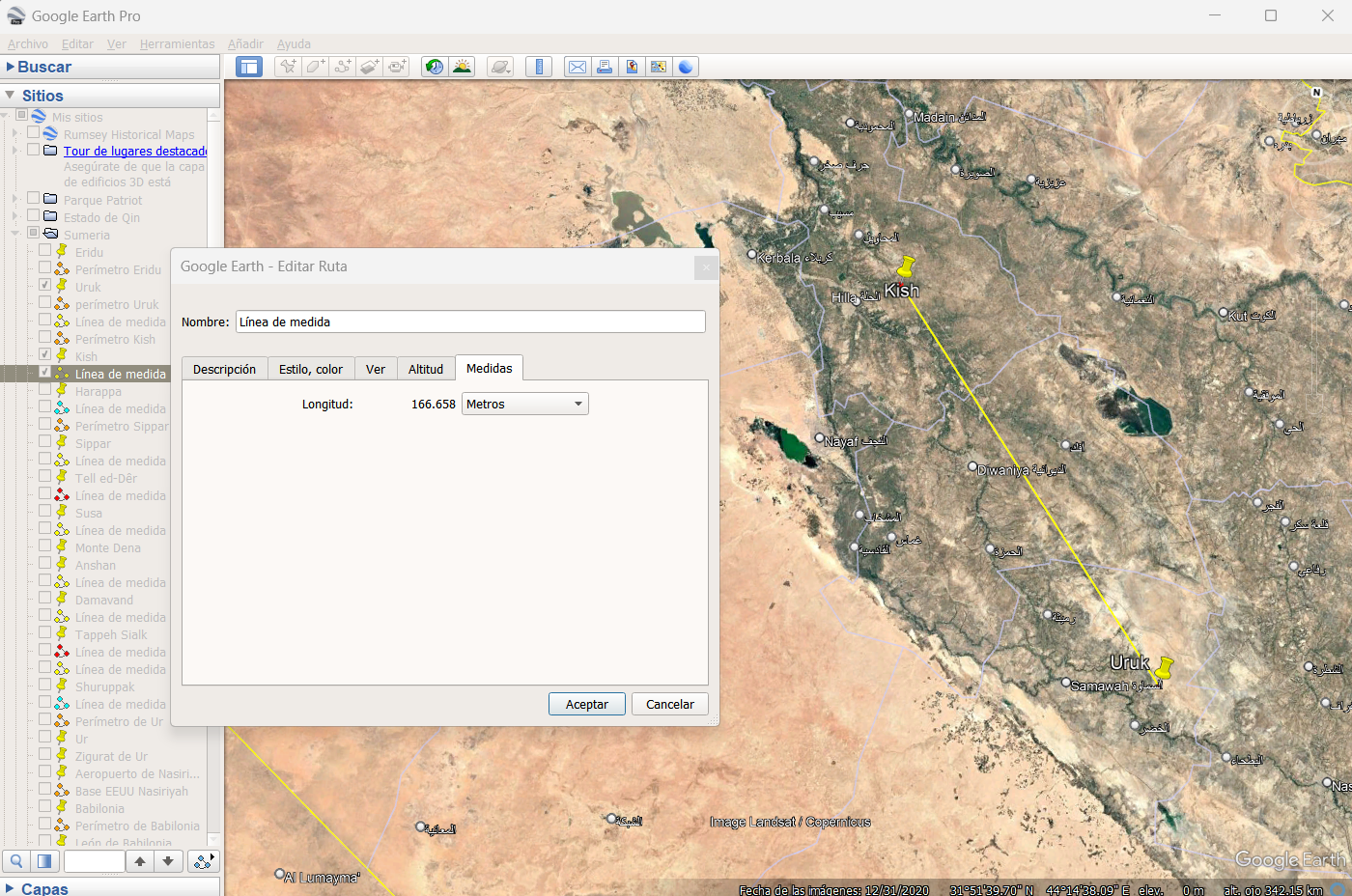 Captura de Google Earth para 166,6 kilómetros