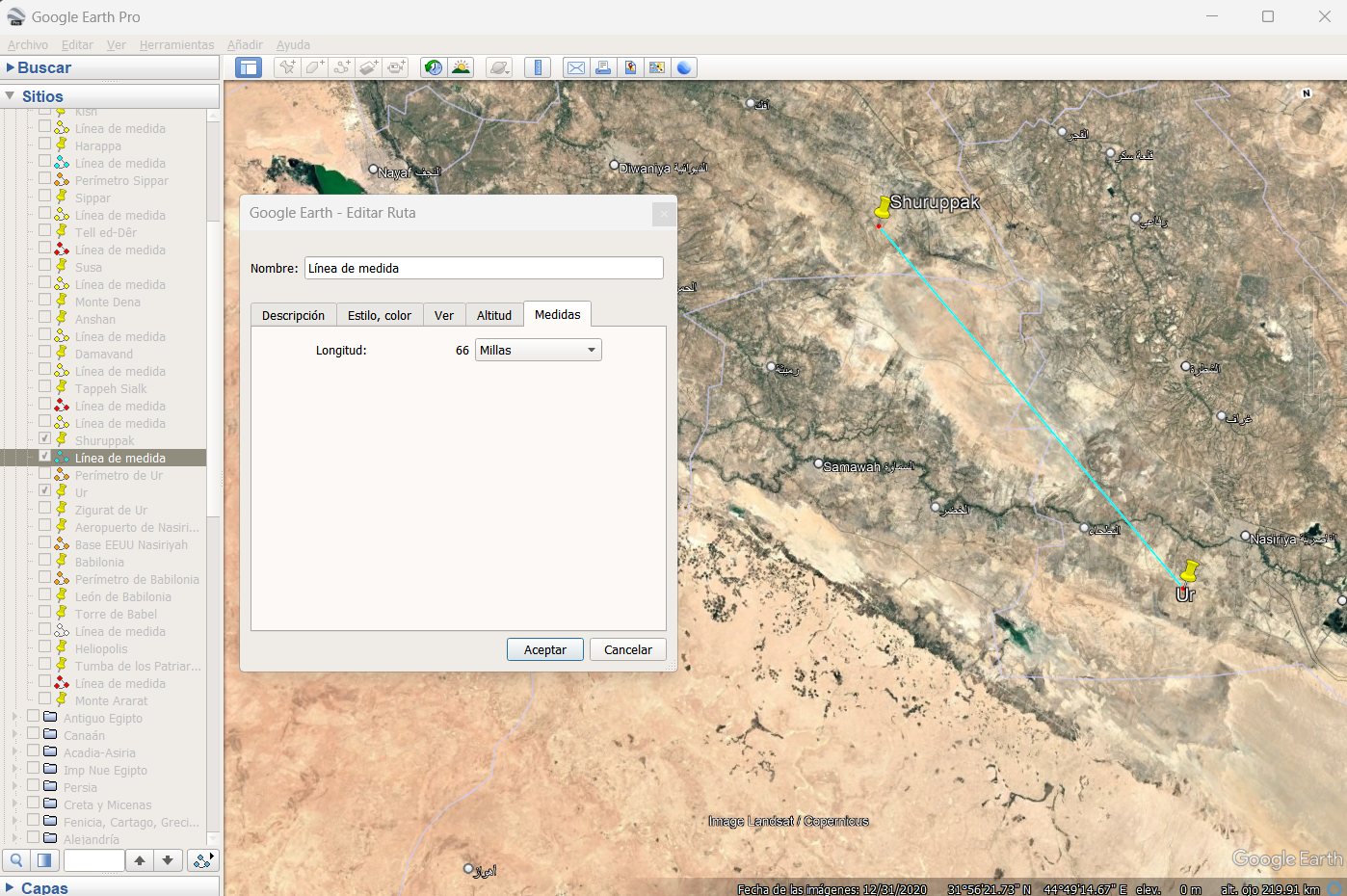 Captura de Google Earth para 66 millas