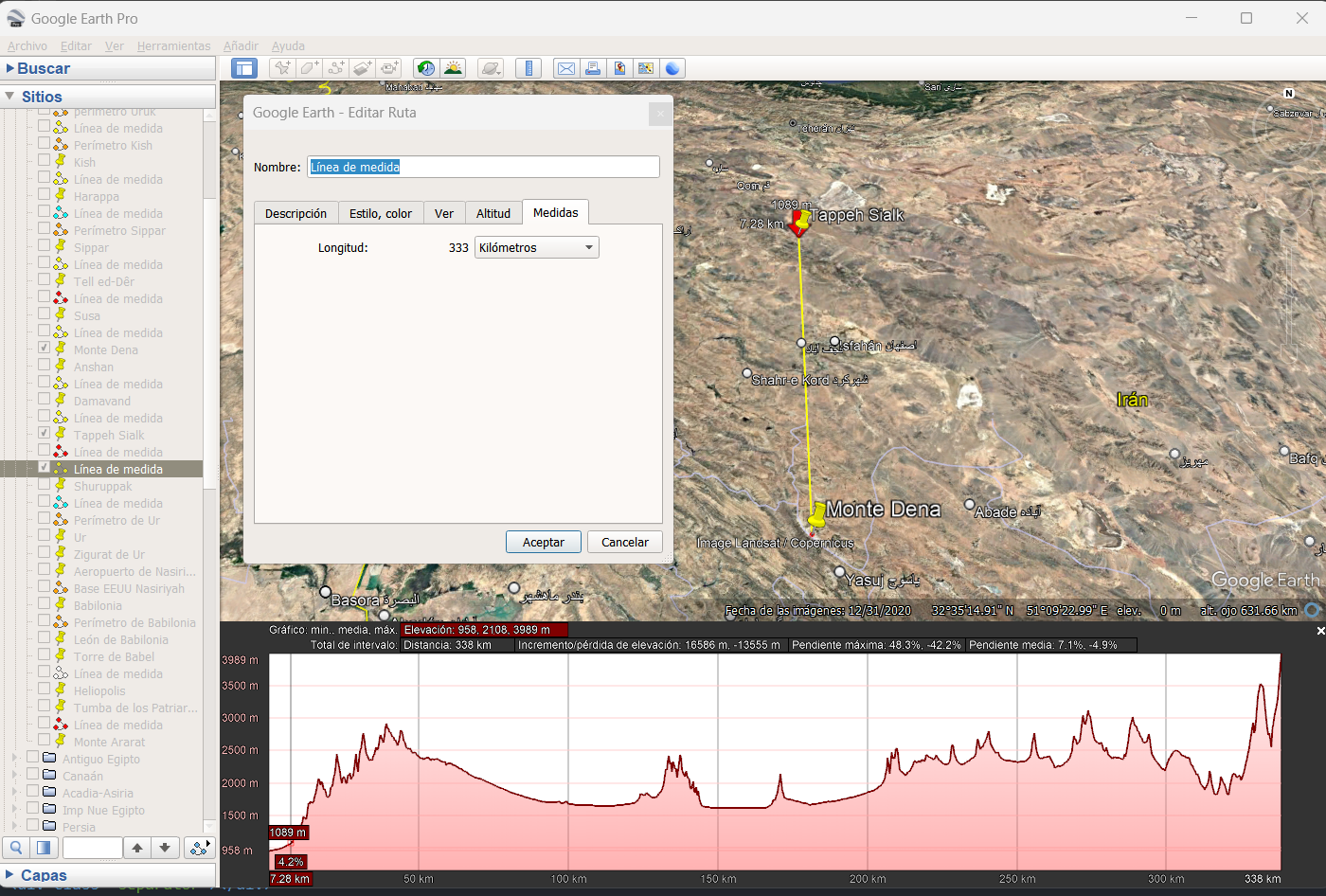 Captura de Google Earth para 333 kilómetros